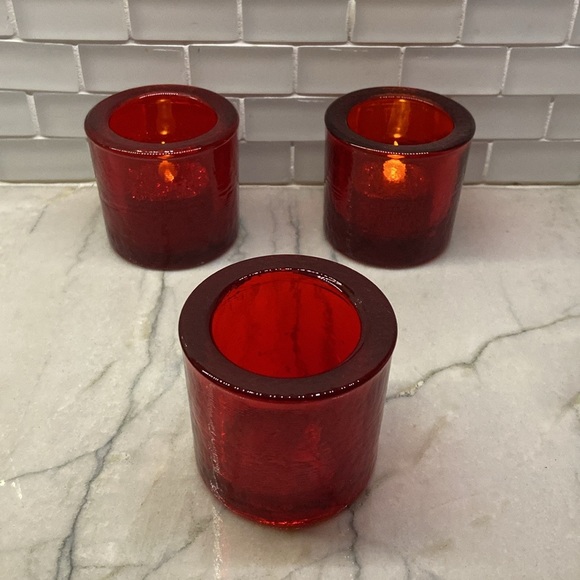 Pottery Barn Hammered Glass Votive Candle Holder Set of 3 Red - Picture 3 of 17